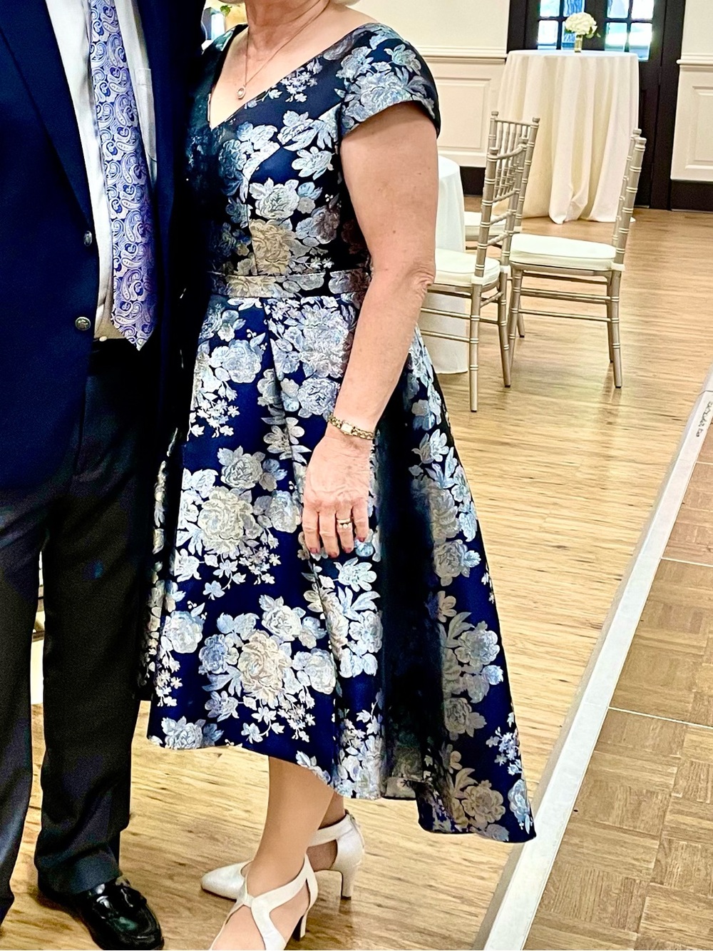 Oleg Cassini Navy and Silver Floral Jacquard Fit-and-Flare Dress